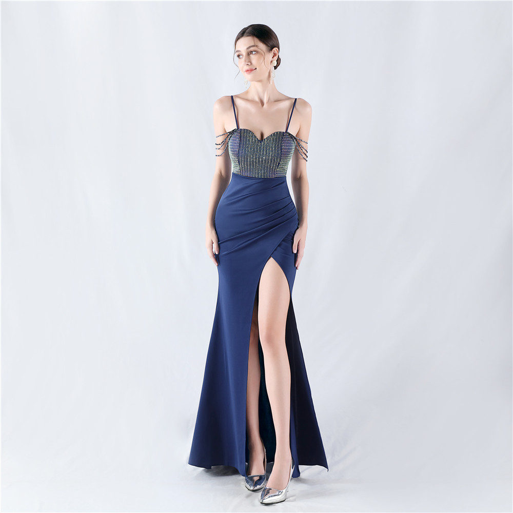 Rhinestone sexy beading sling evening dress