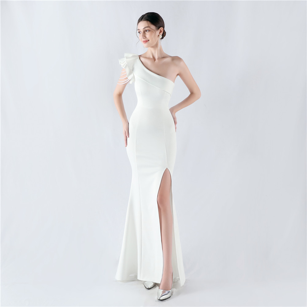 Oblique collar beading evening dress shoulder formal dress