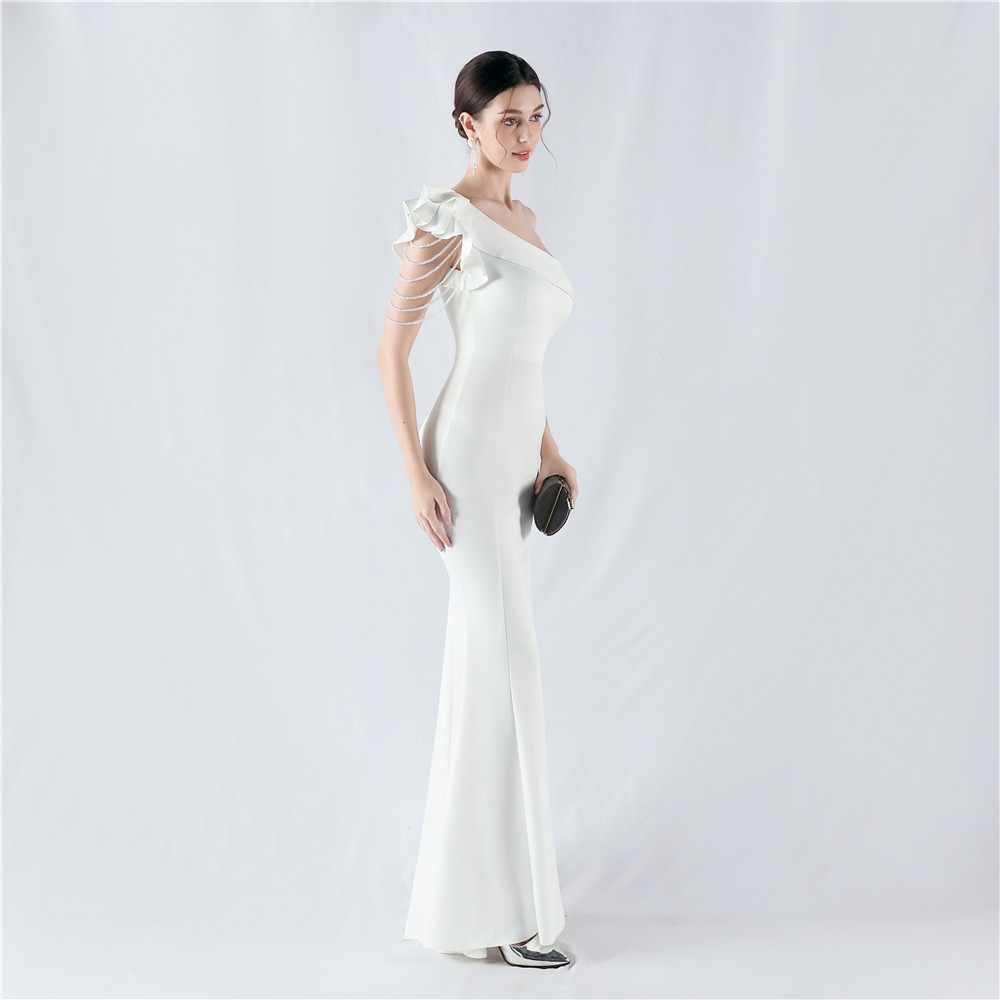 Oblique collar beading evening dress shoulder formal dress