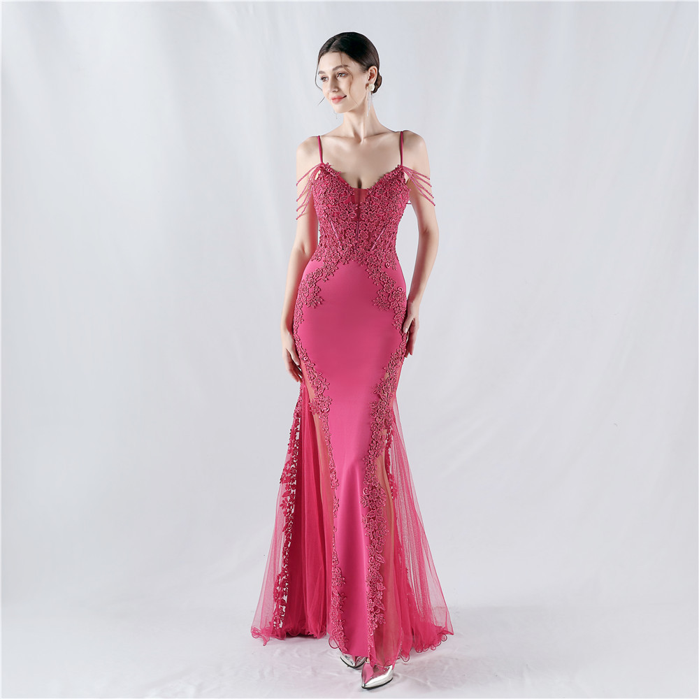 Beading rhinestone lace evening dress