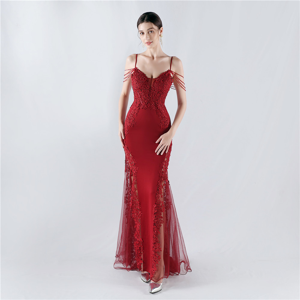 Beading rhinestone lace evening dress