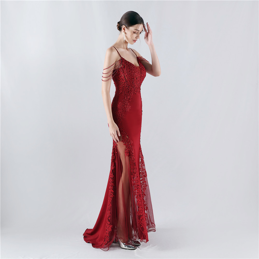 Beading rhinestone lace evening dress