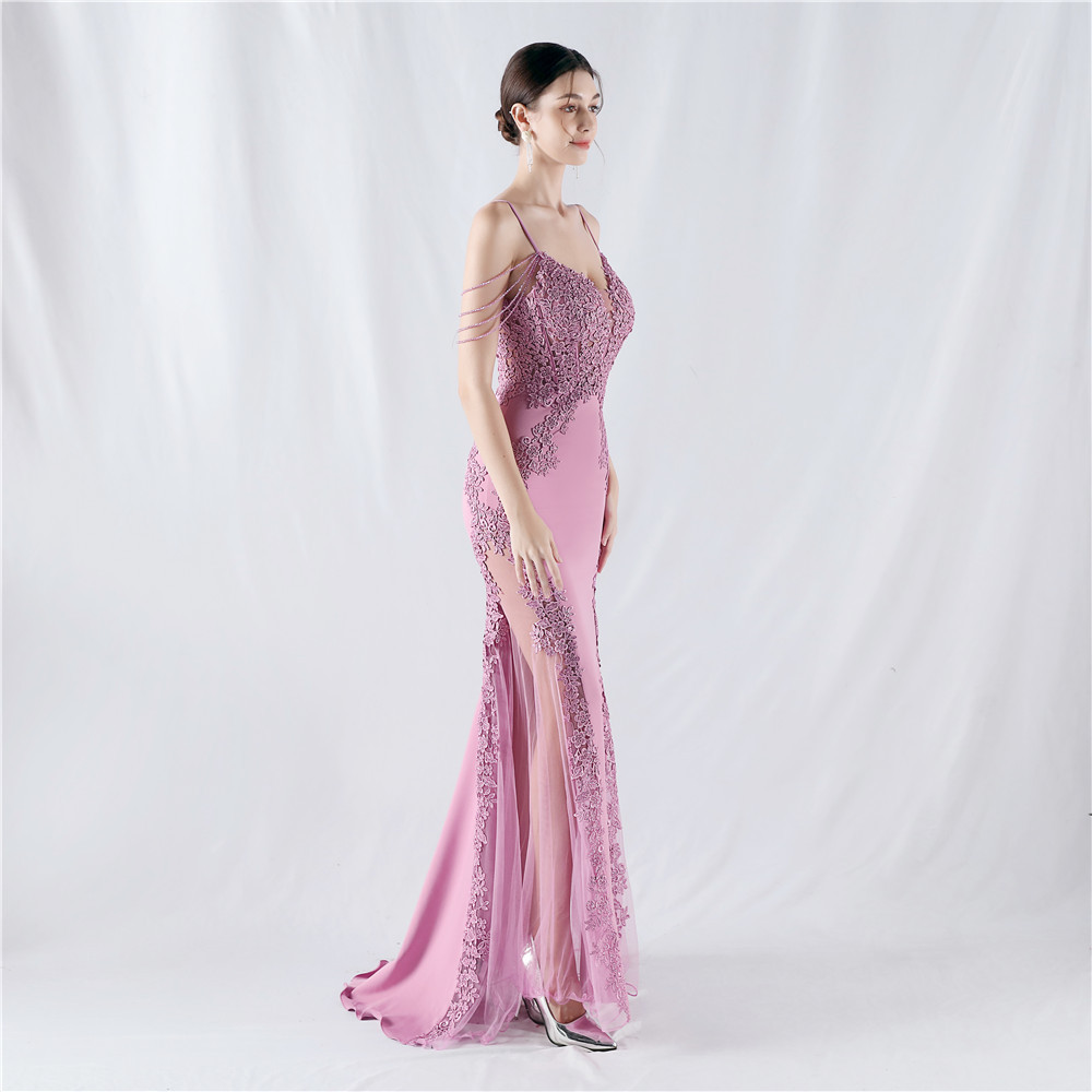 Beading rhinestone lace evening dress