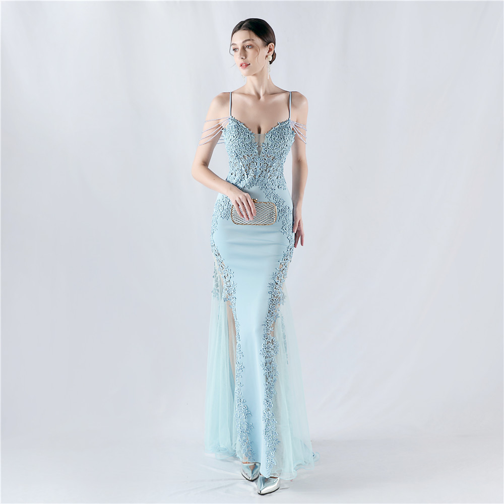 Beading rhinestone lace evening dress