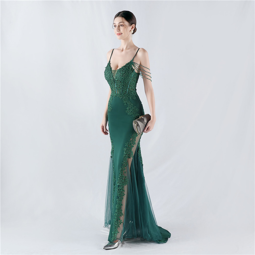 Beading rhinestone lace evening dress