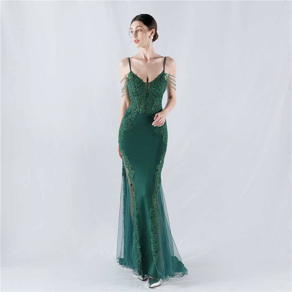 Beading rhinestone lace evening dress