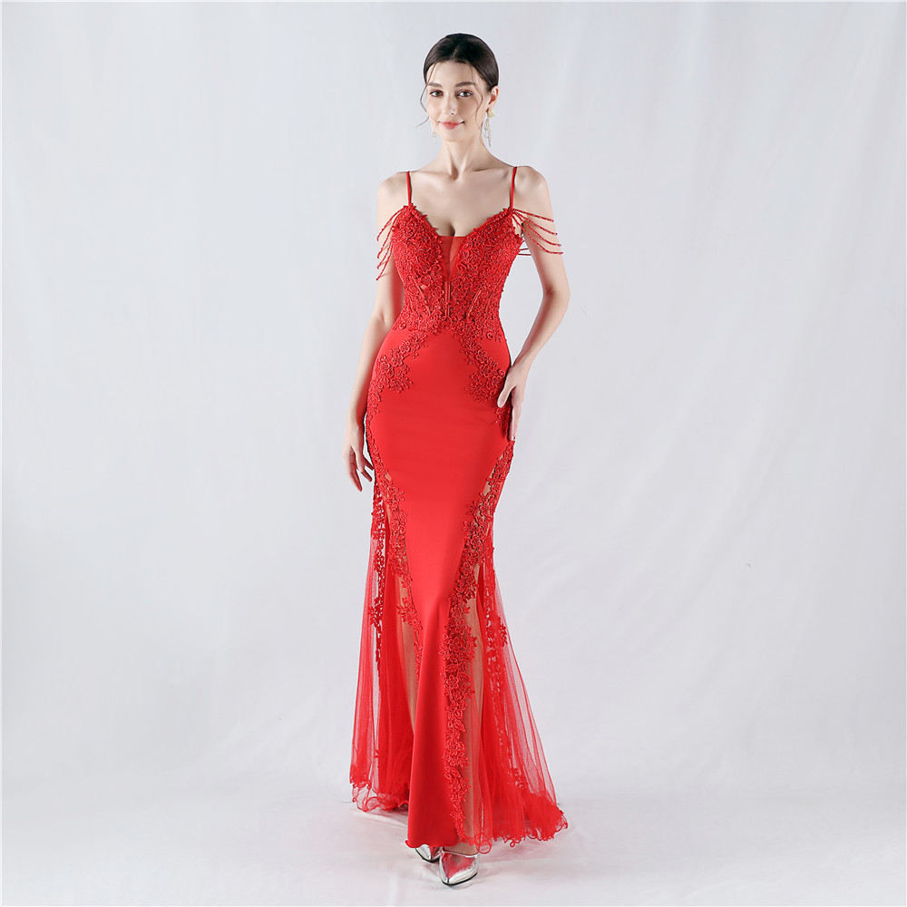 Beading rhinestone lace evening dress