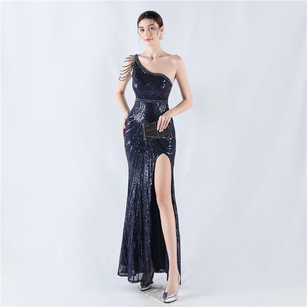 Shoulder formal dress oblique collar evening dress