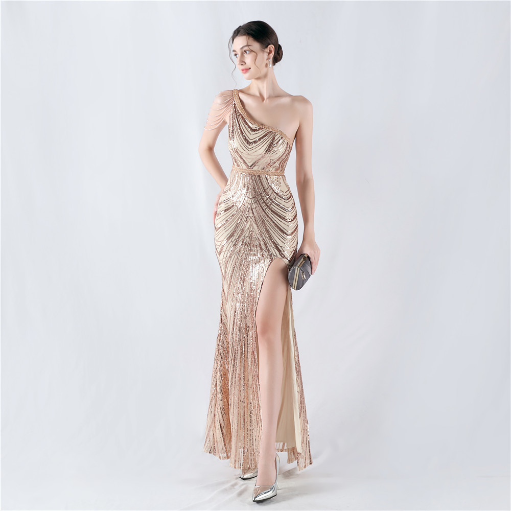 Shoulder formal dress oblique collar evening dress