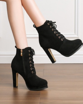 Black frenum ankle boots thick round high-heeled shoes