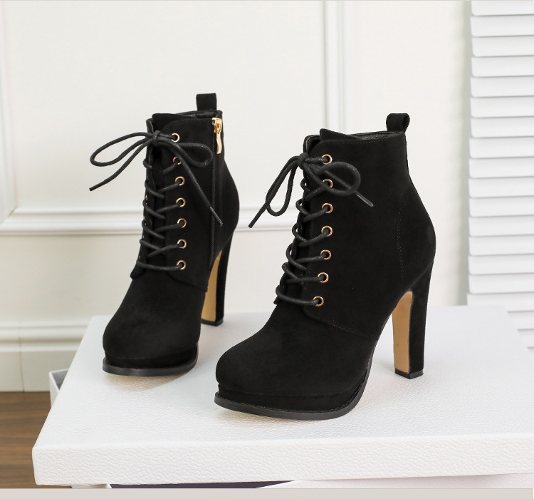 Black frenum ankle boots thick round high-heeled shoes