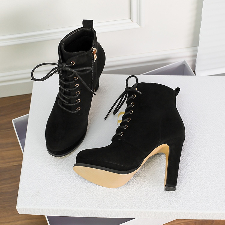 Black frenum ankle boots thick round high-heeled shoes