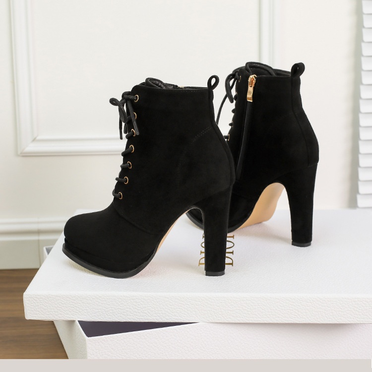 Black frenum ankle boots thick round high-heeled shoes