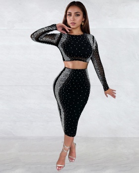 Slim fashion rhinestone skirt 2pcs set