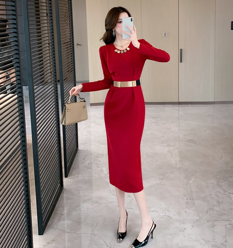 Tight autumn dress package hip pinched waist long dress