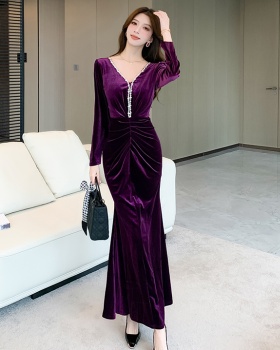 Mixed colors rhinestone dress package hip autumn long dress