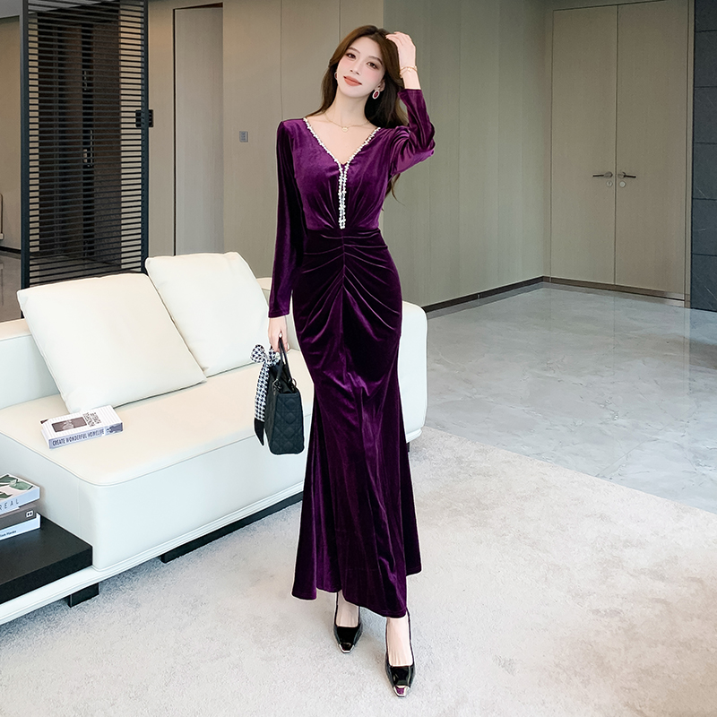 Mixed colors rhinestone dress package hip autumn long dress