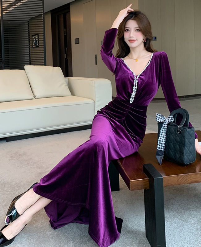 Mixed colors rhinestone dress package hip autumn long dress