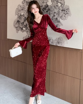 Fashion sequins autumn long dress package hip tight dress