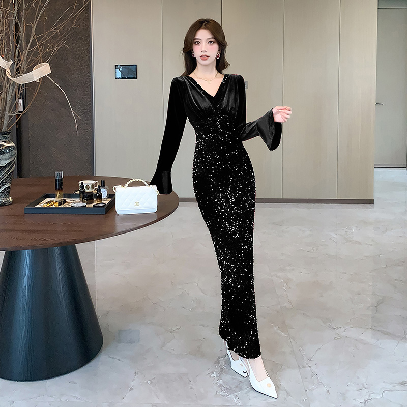 Fashion sequins autumn long dress package hip tight dress