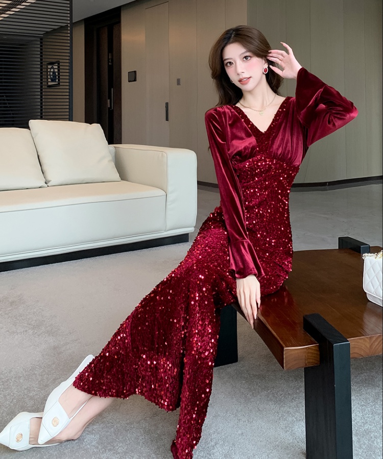 Fashion sequins autumn long dress package hip tight dress