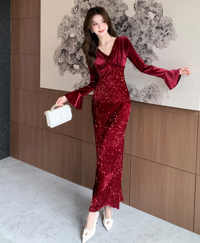 Fashion sequins autumn long dress package hip tight dress