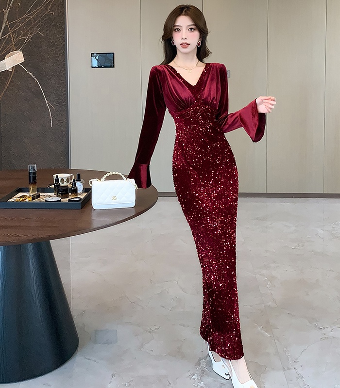 Fashion sequins autumn long dress package hip tight dress