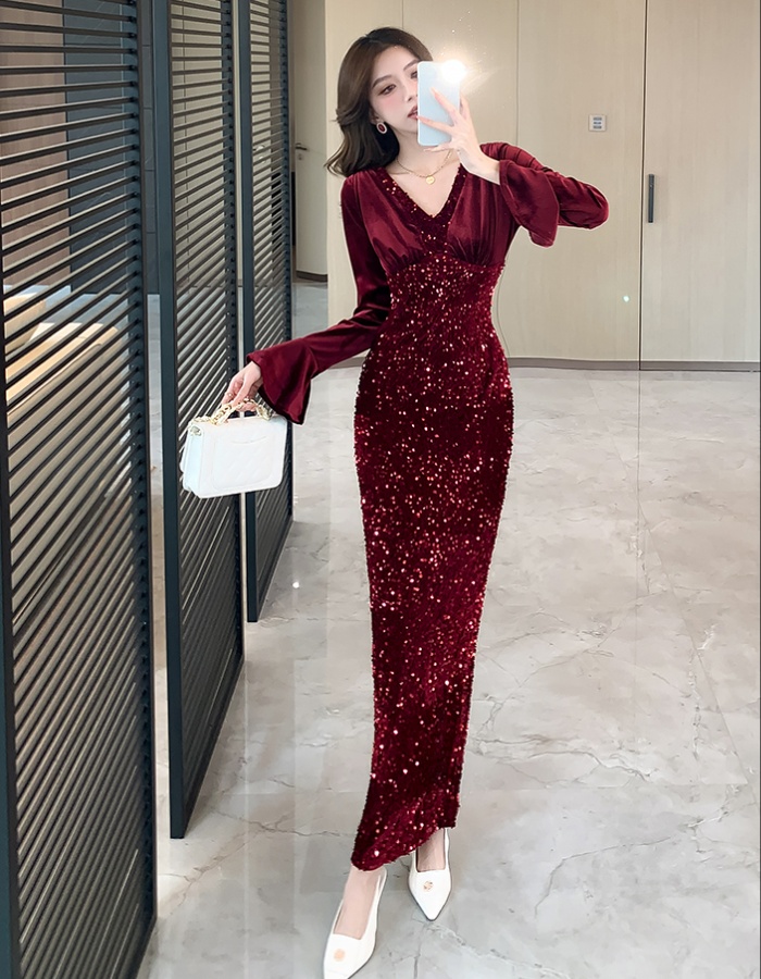 Fashion sequins autumn long dress package hip tight dress