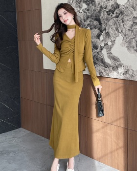 Elasticity V-neck tops pinched waist long skirt 2pcs set