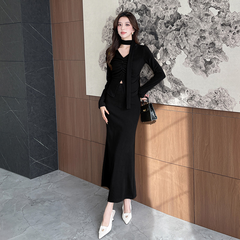 Elasticity V-neck tops pinched waist long skirt 2pcs set