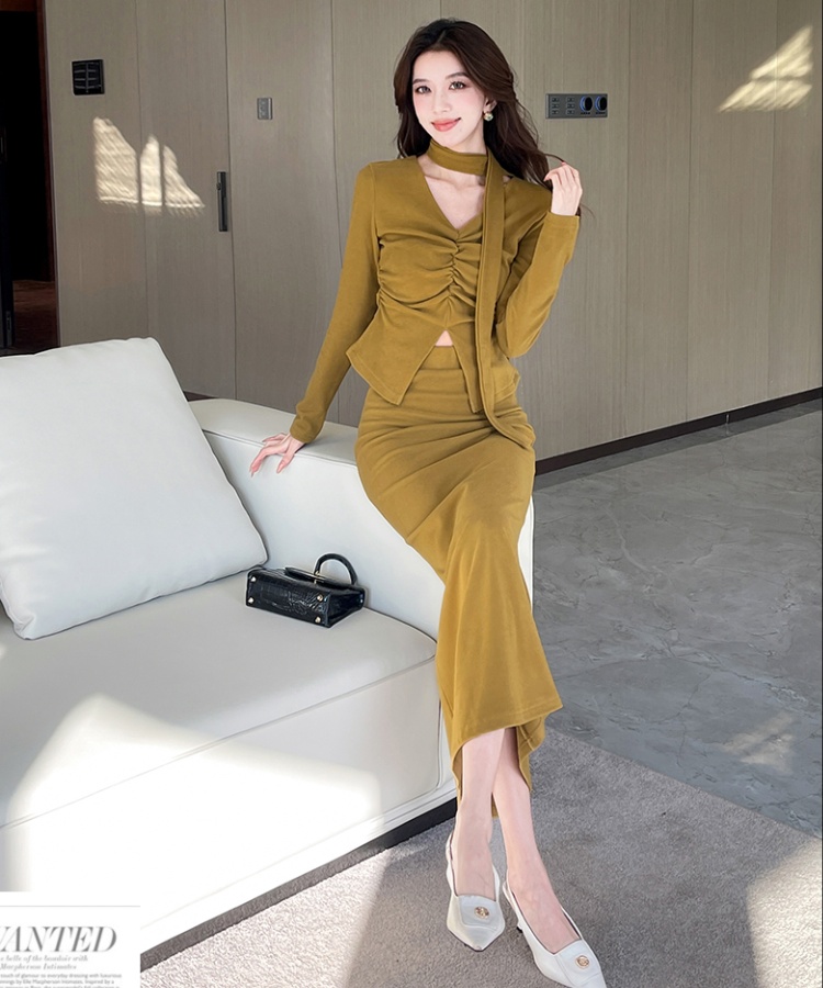 Elasticity V-neck tops pinched waist long skirt 2pcs set