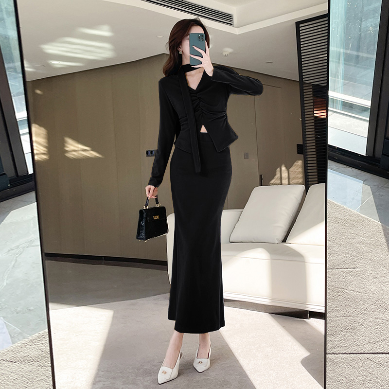 Elasticity V-neck tops pinched waist long skirt 2pcs set