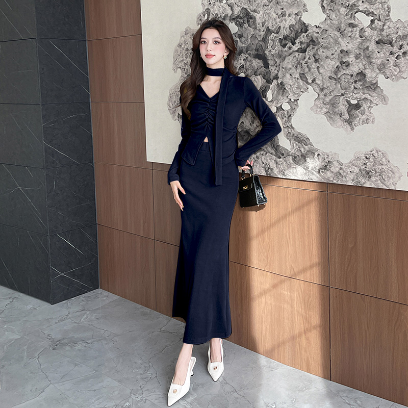 Elasticity V-neck tops pinched waist long skirt 2pcs set