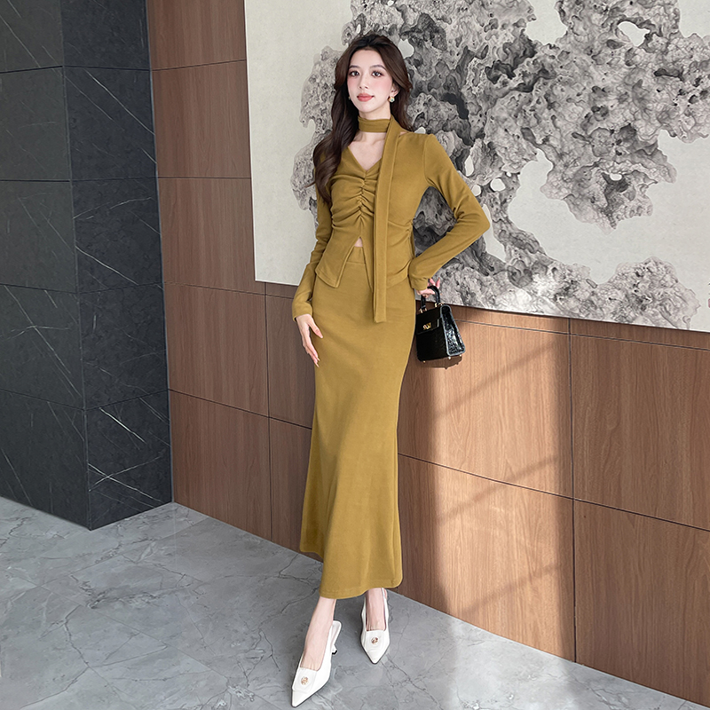 Elasticity V-neck tops pinched waist long skirt 2pcs set