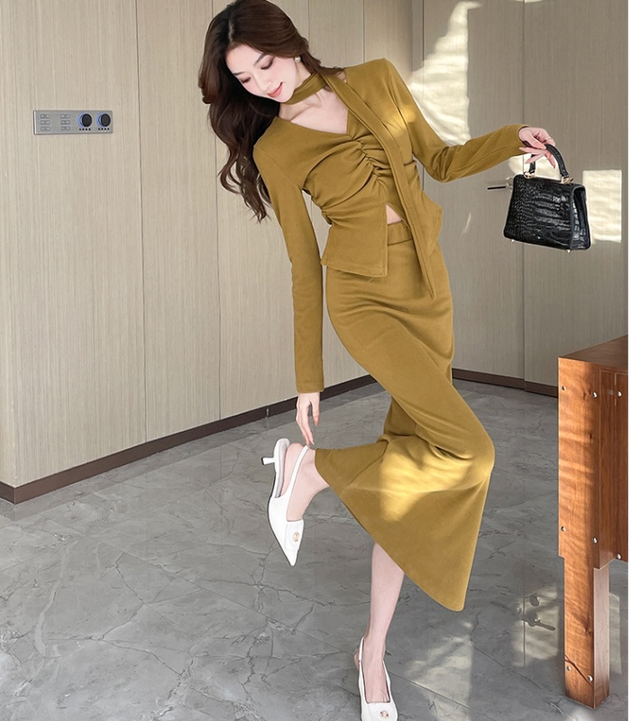 Elasticity V-neck tops pinched waist long skirt 2pcs set