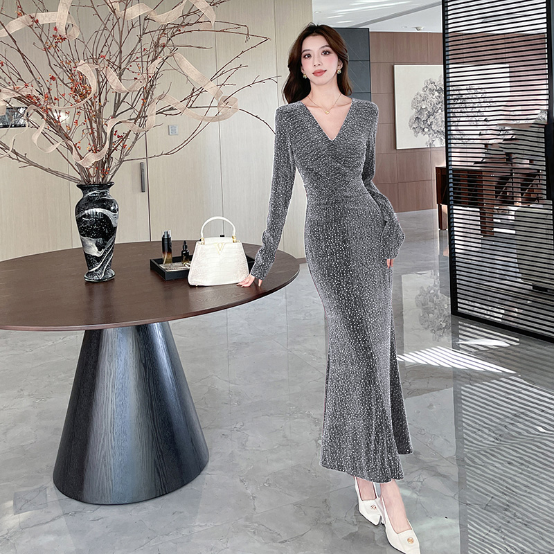 Liangsi V-neck long dress autumn elasticity dress