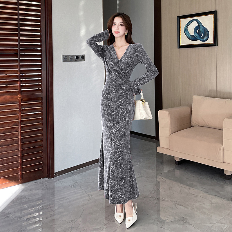 Liangsi V-neck long dress autumn elasticity dress