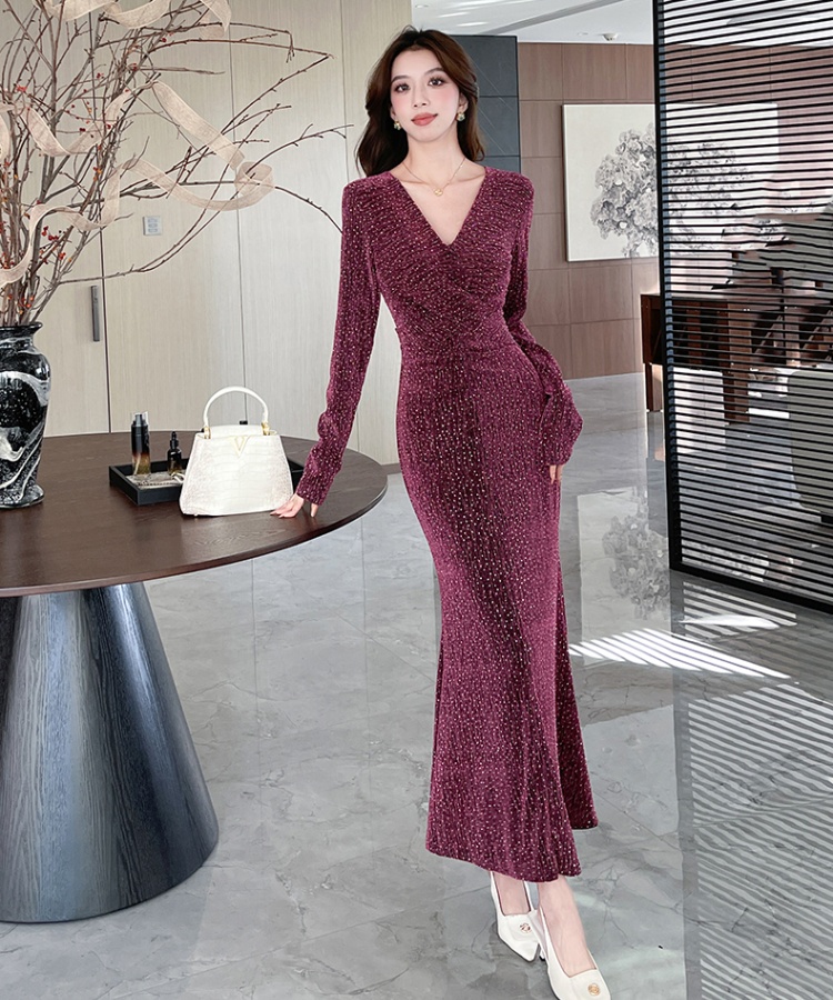 Liangsi V-neck long dress autumn elasticity dress