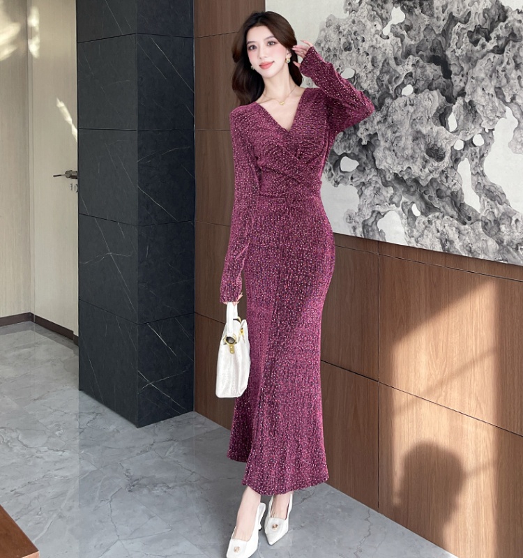 Liangsi V-neck long dress autumn elasticity dress