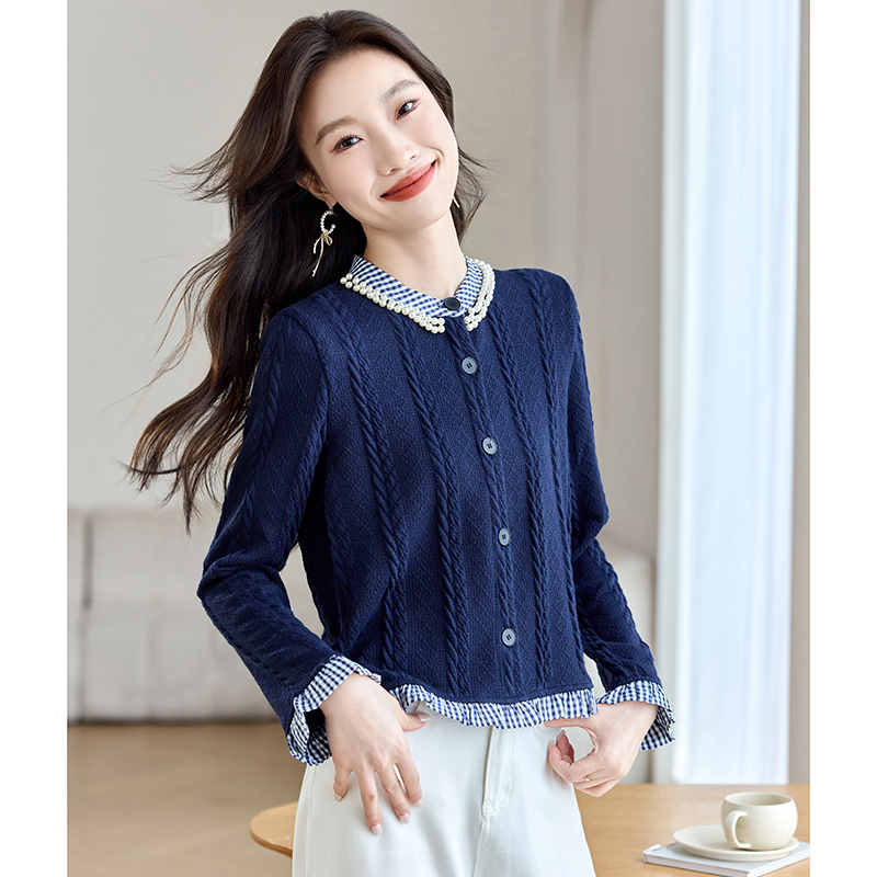 Beading autumn and winter retro long sleeve splice tops