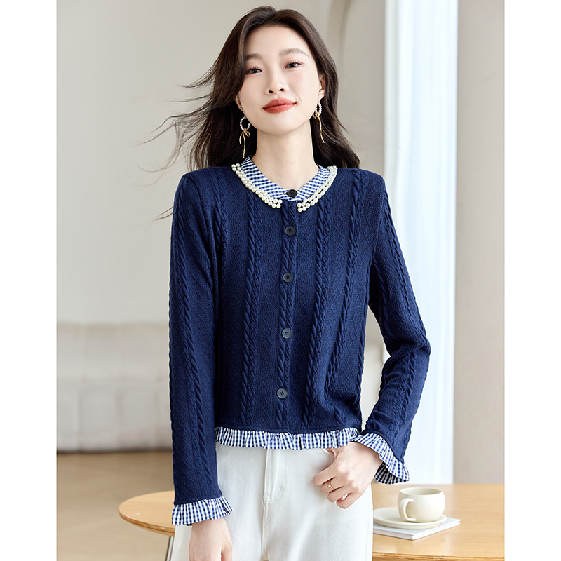 Beading autumn and winter retro long sleeve splice tops