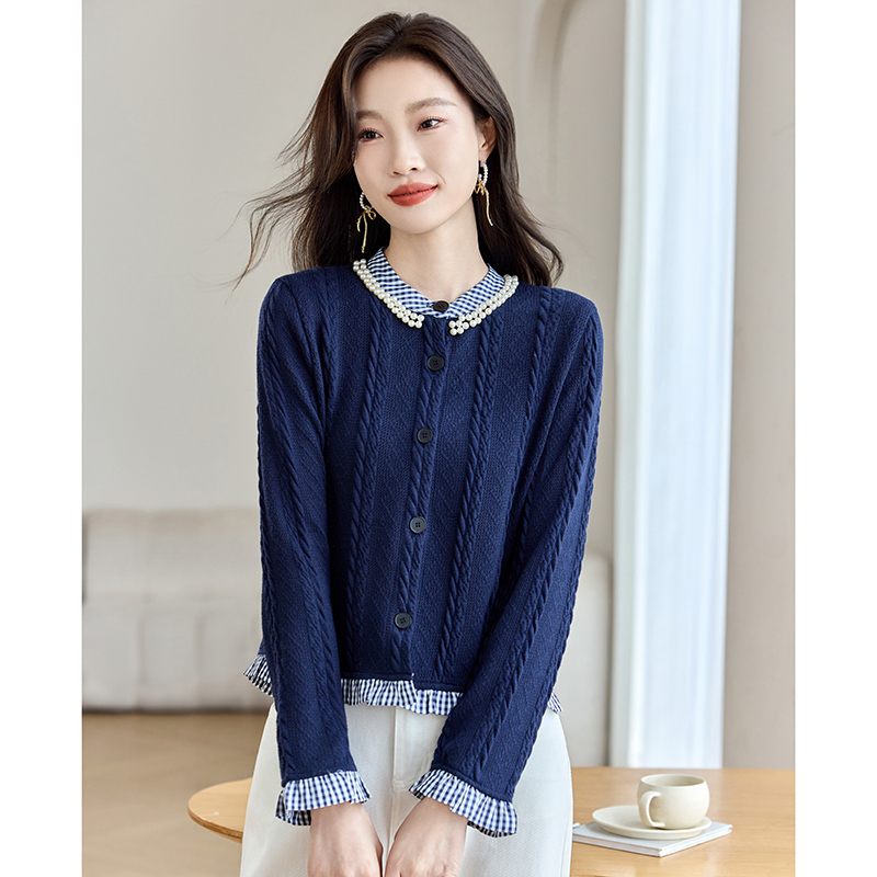 Beading autumn and winter retro long sleeve splice tops