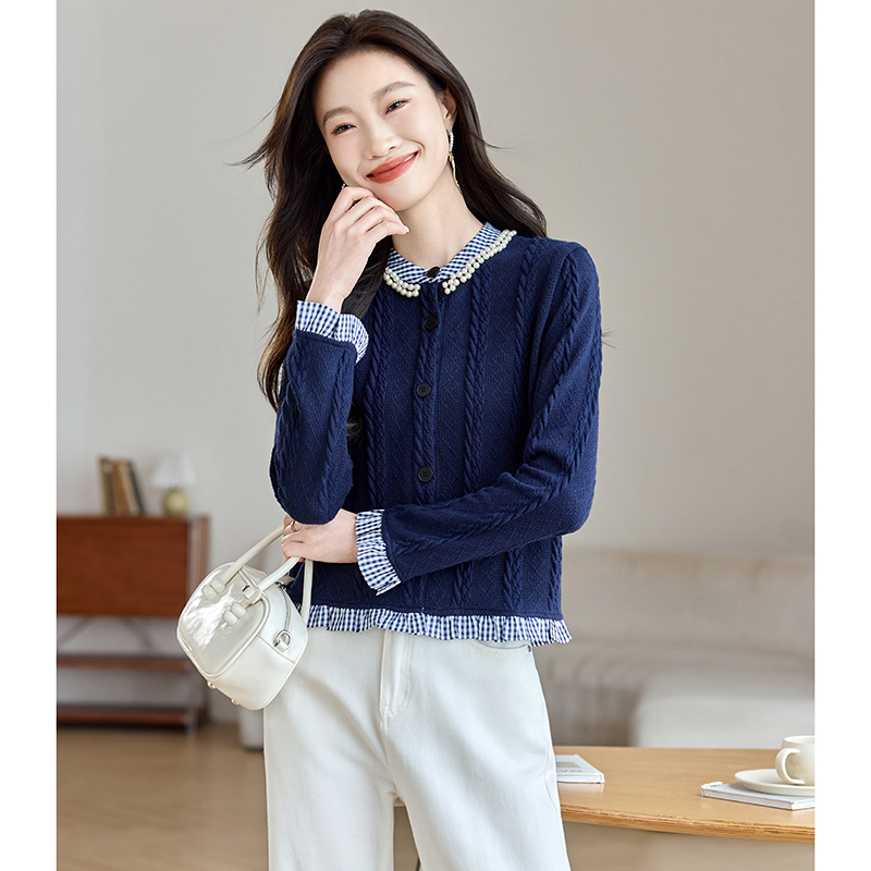 Beading autumn and winter retro long sleeve splice tops