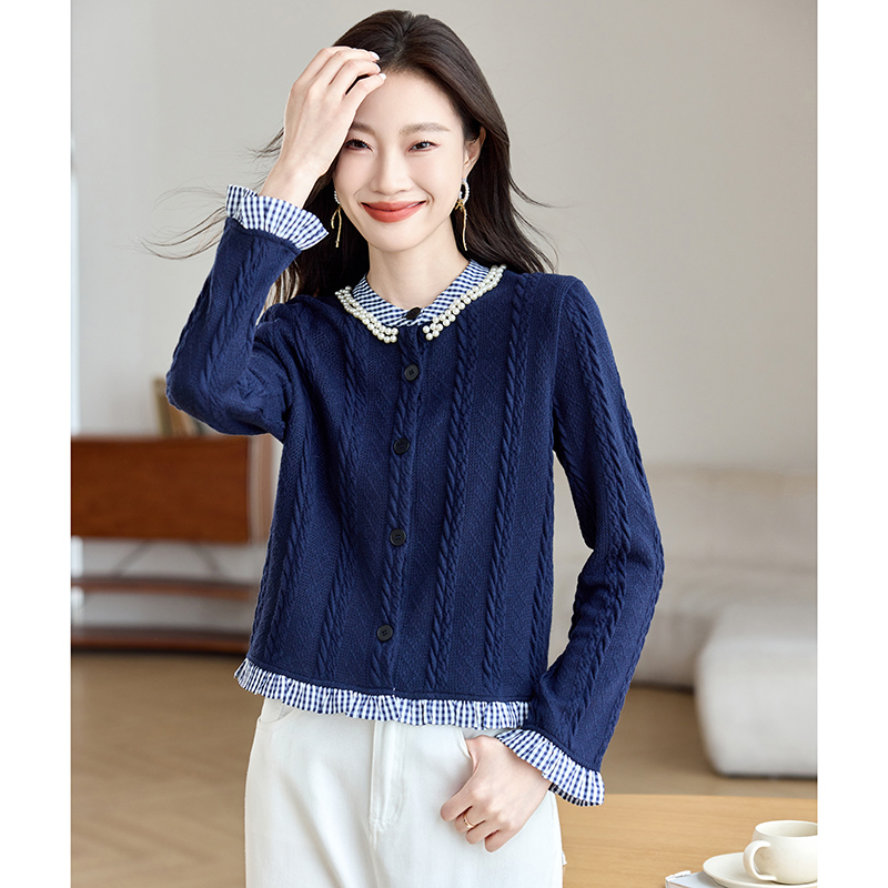 Beading autumn and winter retro long sleeve splice tops