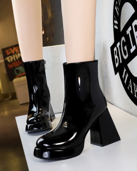 Round patent leather short boots high-heeled retro women's boots