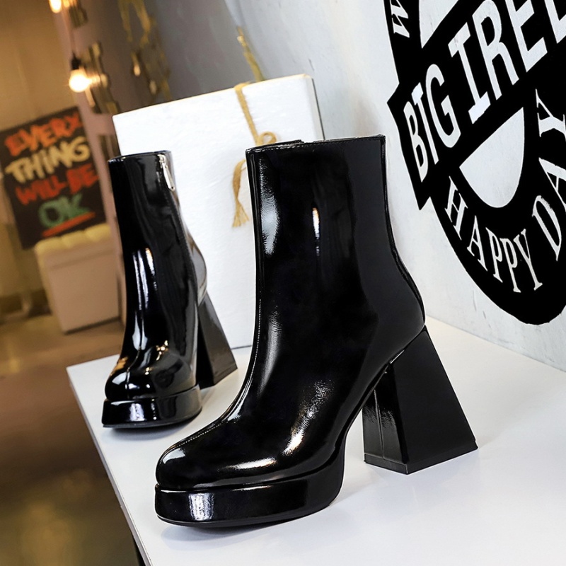 Round patent leather short boots high-heeled retro women's boots