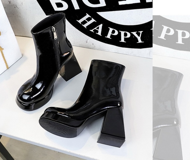 Round patent leather short boots high-heeled retro women's boots