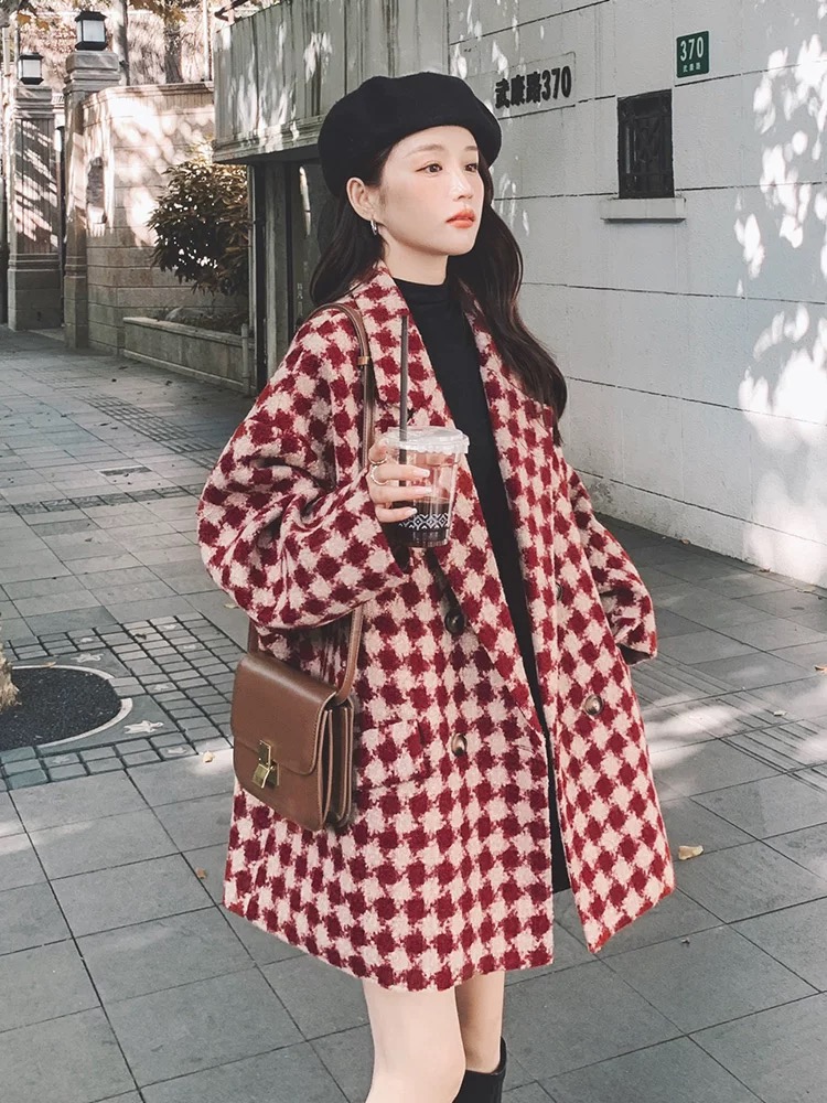 Slim plaid business suit loose woolen coat for women