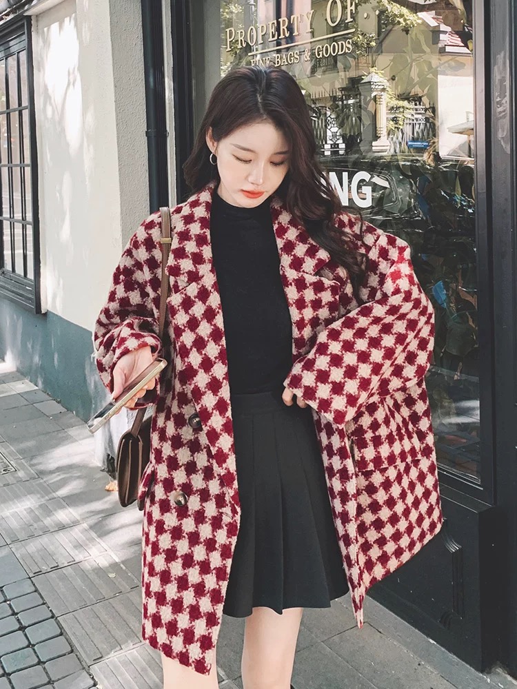 Slim plaid business suit loose woolen coat for women