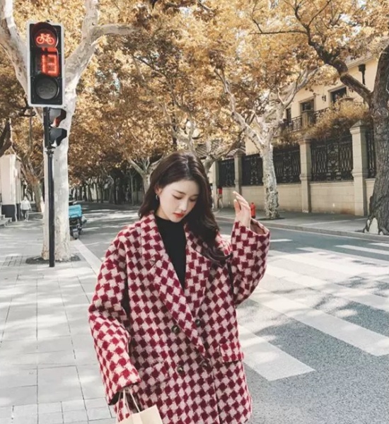 Slim plaid business suit loose woolen coat for women